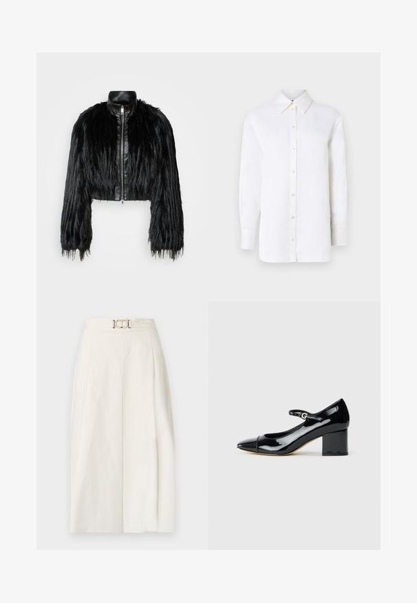 Must ikka, millel on pikad kunstkarvast varrukad, musta nahkdetailiga kaeluse ja ees oleva tõmblukuga, koos struktuurse, karvase viimistlusega.; Valge linasest nööpidega särk terava kraega, pikad varrukad ja nööpide kinnitused. Omab lõdvat istuvust ja siledat tekstuuri.; Laiad püksid valgest puuvillast kangast. Omavad kõrget taljet, esiplekki ja metallist vööklambris detaili. Sile tekstuur.; Mustad läikiv must Mary Jane kingad, millel on plokk konts ja solk, esitatud külgvaates valgel taustal.