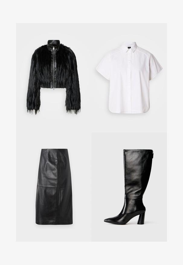 Černá zkrácená bunda kombinující dlouhé rukávy z umělé kožešiny s černým koženým límcem a předním zipem, s texturovaným, chlupatým povrchem.; Bílá košile s krátkým rukávem a zapínáním na knoflíky, s špicatým límečkem a zakřiveným spodním lemem. Vyrobena z bavlny, má hladkou texturu a žádné viditelné vzory.; DRYKORN GENTIANA - Pouzdrová sukně - black; Černá kožená vysoká boot do půli lýtek s špičatou špičkou, hladkou texturou a masivním podpatkem. Obsahuje zip na zadní straně.