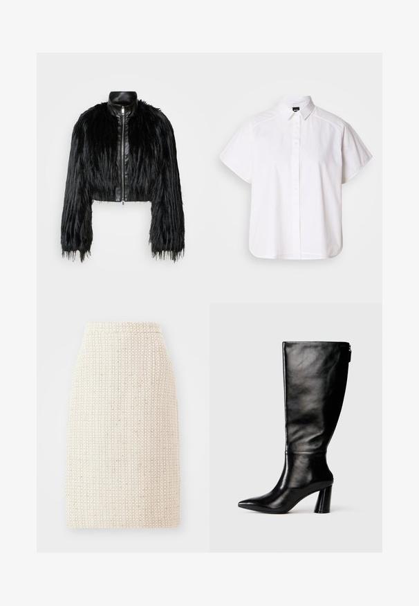 Černá zkrácená bunda kombinující dlouhé rukávy z umělé kožešiny s černým koženým límcem a předním zipem, s texturovaným, chlupatým povrchem.; Bílá košile s krátkým rukávem a zapínáním na knoflíky, s špicatým límečkem a zakřiveným spodním lemem. Vyrobena z bavlny, má hladkou texturu a žádné viditelné vzory.; Sukně ve tvaru A z lehkého béžového tkaného materiálu, s texturovaným vzorem. Vysoký pas a přímý střih bez viditelných zapínání.; Černá kožená vysoká boot do půli lýtek s špičatou špičkou, hladkou texturou a masivním podpatkem. Obsahuje zip na zadní straně.