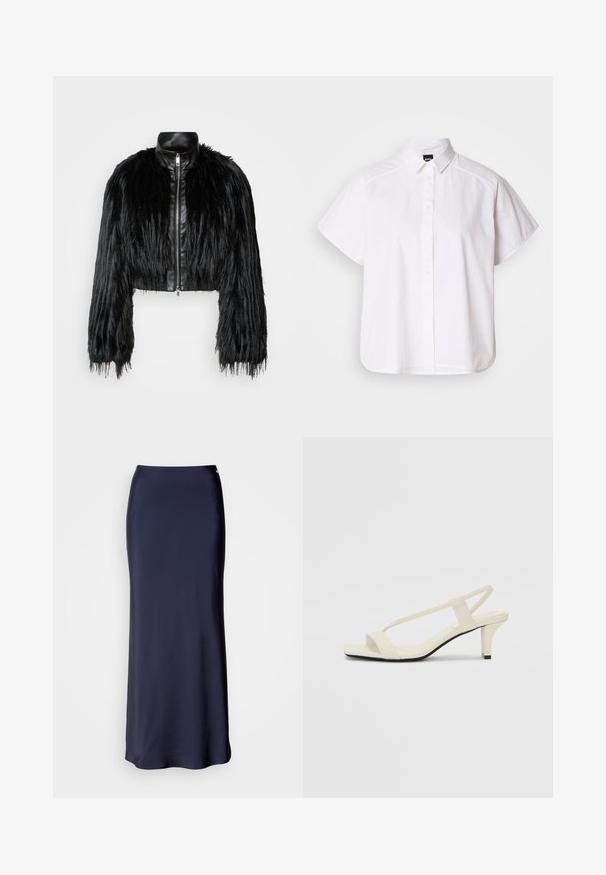 Fekete crop dzseki, amely hosszú műszőrme ujjakkal, fekete bőr gallérral és elöl cipzárral kombinálva, texturált, bolyhos felülettel rendelkezik.; Fehér, rövid ujjú, gombos ing, hegyes gallérral és ívelt alsó résszel. Pamutból készült, sima textúrával és látható minták nélkül.; Sötétkék selyem maxi szoknya sima textúrával, egyenes siluettel és diszkrét oldalszúrással. Derékrésze van, és minimális részletezéssel rendelkezik.; Beige színű, blokksarkú szandálok vékony pántokkal és négyzet alakú orral. Simább anyag, minimális részletezéssel, amely könnyű viselésre lett tervezve.