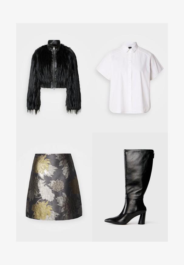 Veste noire courte associant de longues manches en fausse fourrure à un col en cuir noir et une fermeture éclair à l'avant, dotée d'une finition texturée et shaggy.; Chemise blanche à manches courtes, à boutons, avec un col pointu et un ourlet arrondi. Fabriquée en coton, elle possède une texture lisse et sans motifs visibles.; Jupe brodée florale en gris foncé, présentant des motifs de fleurs argentées et dorées, texture lisse et design ajusté avec un ourlet évasé.; Botte en cuir noir à hauteur de genoux avec un bout pointu, une texture lisse et un talon épais. Elle présente un zip à l'arrière.