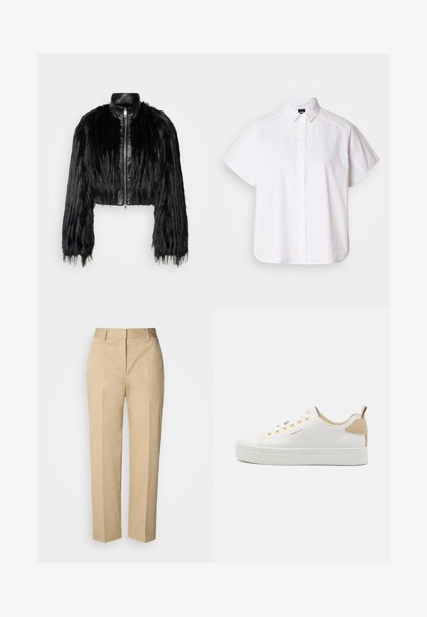 Zwart kort jasje met lange faux fur mouwen en een zwarte leren kraag en ritssluiting aan de voorkant, met een gestructureerde, harige afwerking.; Witte kortemouw overhemd met knopen, voorzien van een puntige kraag en een gebogen zoom. Gemaakt van katoen met een gladde textuur en zonder zichtbare patronen.; Beige rechte broek met riemlussen, voorplooi en verborgen sluiting, afgebeeld tegen een lichte achtergrond.; Witte leren sneakers met een gestructureerde rubberen zool, gouden veteroogjes en een tan accent op de hak. GANT-logo weergegeven op de zijkant.