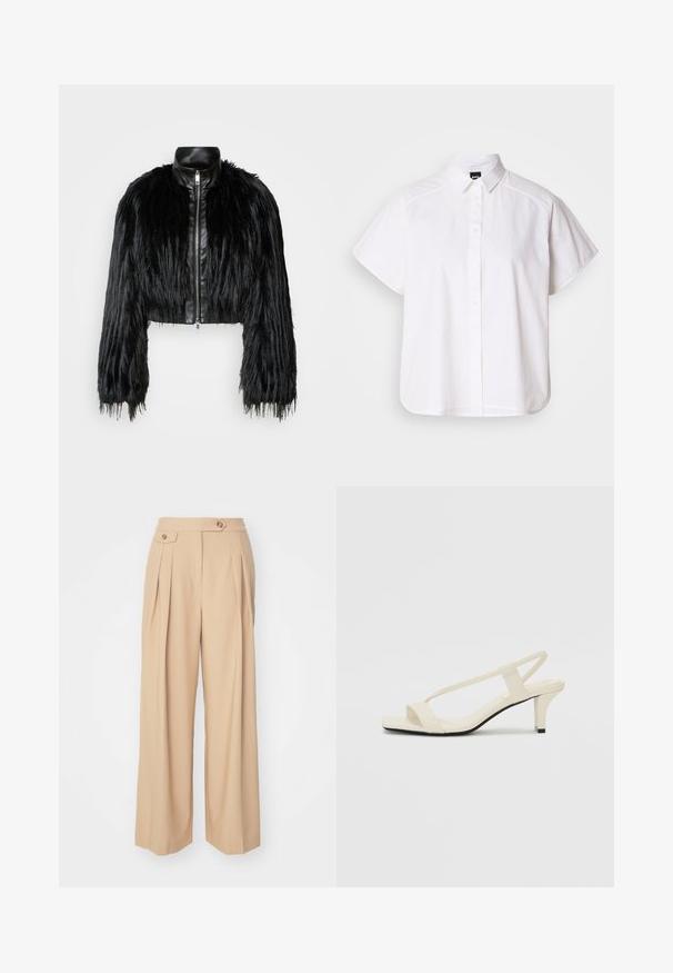 Must ikka, millel on pikad kunstkarvast varrukad, musta nahkdetailiga kaeluse ja ees oleva tõmblukuga, koos struktuurse, karvase viimistlusega.; Valge lühikeste varrukatega nööpidega särk, millel on terav krae ja kõver hems. Valmistatud puuvillast, millel on sile tekstuur ja nähtamatud mustrid.; Beežid laiad püksid kahe esikortsuga, kahe nööbiga vöökoht, millel on sile ja tekstureeritud kangas. Nähtavad taskud puuduvad.; Beez blok-kandadesed õhukeste rihmadega ja ruudukujulise varbaga. Sile materjal minimaalsete detailidega, kujundatud mugavaks kandmiseks.