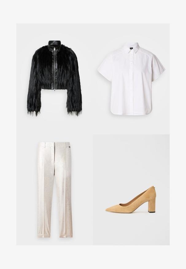 Jachetă scurtă neagră, care combină mânecile lungi din blană sintetică cu un guler din piele neagră și fermoar frontal, având o finisare texturată, zbârcită.; Cămașă albă cu mânecă scurtă, cu nasturi, guler ascuțit și margine curbă. Fabricată din bumbac, cu o textură netedă și fără modele vizibile.; Pantaloni strălucitori, de culoare deschisă, cu o textură metalică netedă. Prezintă o croială dreaptă cu pliseuri accentuate și o margine pliată.; Pantofii cu toc înalt din suede bej au vârful ascuțit și un toc gros. Materialul are o textură moale și o finisare netedă.