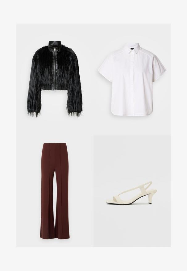 Veste noire courte associant de longues manches en fausse fourrure à un col en cuir noir et une fermeture éclair à l'avant, dotée d'une finition texturée et shaggy.; Chemise blanche à manches courtes, à boutons, avec un col pointu et un ourlet arrondi. Fabriquée en coton, elle possède une texture lisse et sans motifs visibles.; Pantalons large marron à taille haute, en tissu lisse avec des coutures verticales à l'avant et un ourlet propre.; Sandales beiges à talons carrés avec des fines brides et un bout carré. Matière lisse avec des détails minimaux, conçues pour un port facile.