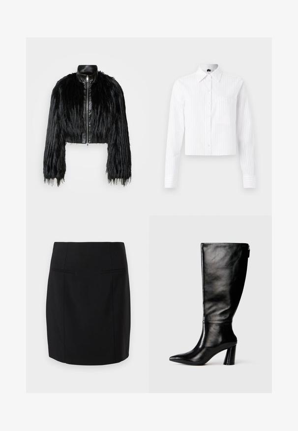 Crna skraćena jakna koja kombinira dugačke rukave od umjetnog krzna s crnim kožnim ovratnikom i prednjim zatvaračem, s teksturiranim, šaggy završetkom.; Bijela skraćena košulja s dugim rukavima, dugmadi, svijetloplave okomite pruge, jednim džepom na prsima i klasičnom kragnom. Tkanina od mješavine pamuka.; Crna olovka suknja napravljena od glatkog materijala, s prilagođenim dizajnom, dva prednja džepa i dužinom do koljena.; Knežni čizmasti čizmice od crne kože, s oštrim vrhom, glatkom teksturom i debelim potplatom. Imaju detalj sa zatvaračem na stražnjoj strani.