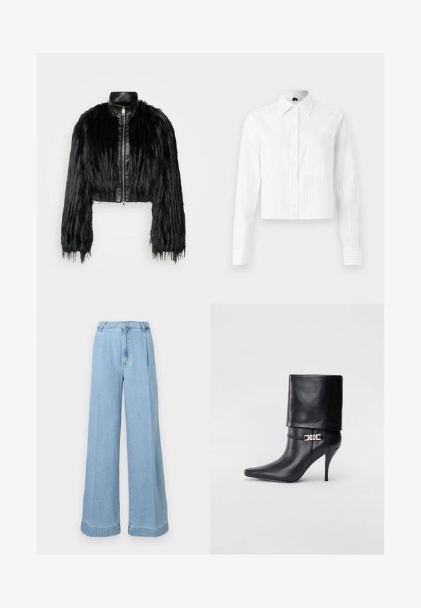 Jachetă scurtă neagră, care combină mânecile lungi din blană sintetică cu un guler din piele neagră și fermoar frontal, având o finisare texturată, zbârcită.; Cămașă albă scurtă cu butoni, cu dungi verticale de culoare albastră deschisă, mâneci lungi, un buzunar pe piept și guler clasic. Material dintr-un amestec de bumbac.; Jeans din denim de culoare albastru deschis, cu croială largă, talie înaltă, plii în față și un tiv brut pentru un aspect casual.; Botine negre din piele, cu vârf ascuțit, toc înalt și subțire, cu manșetă pliată și un detaliu decorativ cu cataramă aurie la gleznă.