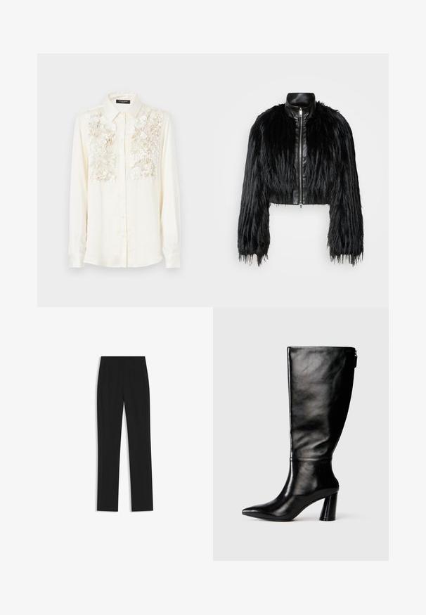 Schwarze, kurz geschnittene Jacke mit langen, gefälschten Pelzärmeln, einem schwarzen Lederkragen und einem Reißverschluss vorne, die eine strukturierte, fusselige Oberfläche hat.; Cremfarbendes Hemd mit strukturiertem floralem Stickerei über der Brust, klassischem Kragen und durchgehender Knopfleiste. Lange Ärmel.; Schwarze maßgeschneiderte Hose mit geradem Bein, ausgestattet mit Fronttaschen und einem glatten, strukturierten Stoff. Saubere, minimale Details.; Knöchelhohe schwarze Lederstiefel mit einer spitzen Zehe, glatter Oberfläche und einem klobigen Absatz. Verfügt über einen Reißverschluss hinten.