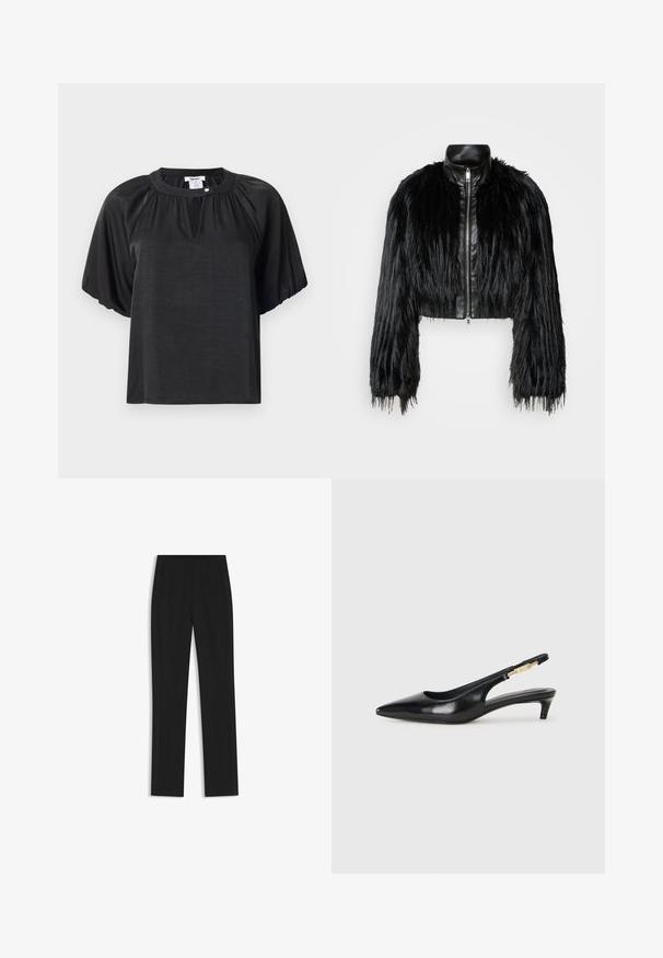 Giacca nera corta che combina maniche lunghe in pelliccia sintetica con un colletto in pelle nera e zip frontale, caratterizzata da una finitura testurizzata e shaggy.; Top corto nero a maniche corte realizzato in tessuto leggero, con scollo rotondo, dettagli plissettati e un piccolo bottone decorativo al colletto.; Pantaloni neri su misura con un design a gamba dritta, dotati di tasche frontali e un tessuto liscio e strutturato. Dettagli ordinati e minimalisti.; Tacchi slingback in pelle nera con punta affusolata, caratterizzati da un tacco alto e un accento dorato sulla cinghia regolabile. Texture liscia.