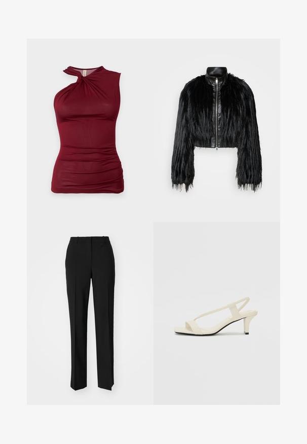 Zwart kort jasje met lange faux fur mouwen en een zwarte leren kraag en ritssluiting aan de voorkant, met een gestructureerde, harige afwerking.; Bordeaux mouwloos topje met een gedraaide halslijn, gemaakt van gladde, rekbare stof. Bevat gerimpelde details langs de zijkanten voor textuur.; Zwarte op maat gemaakte broek met een recht model, voorzien van een soepele textuur en scherpe plooien aan de voorkant. Geen zichtbare hardware.; Beige blockhak sandalen met dunne bandjes en een vierkante neus. Glad materiaal met minimale details, ontworpen voor eenvoudig dragen.