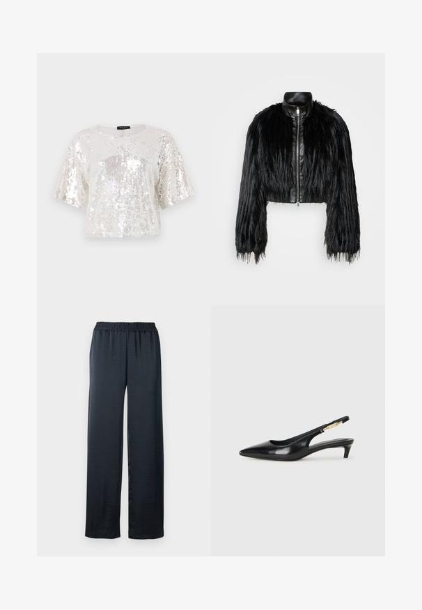 Zwart kort jasje met lange faux fur mouwen en een zwarte leren kraag en ritssluiting aan de voorkant, met een gestructureerde, harige afwerking.; Korte, cropped top met korte mouwen van paillettenstof in wit en zilver, met een ronde halslijn en een geribbelde onderrand.; Zwarte wijde broek gemaakt van een gladde, lichte stof. Kenmerkt zich door een elastische tailleband voor comfort en een vloeiende silhouette.; Zwarte leren slingback hakken met een spitse neus, voorzien van een slanke hak en een goudkleurige accent op de verstelbare band. Gladde textuur.