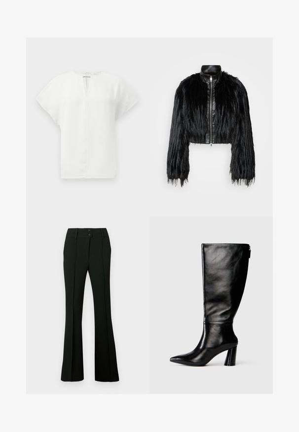 Jacket cropped preta que combina mangas longas de pelo sintético com um colarinho de pele sintética preto e fecho de correr frontal, apresentando um acabamento texturizado e desgrenhado.; Top branco de manga curta com decote em V e fecho traseiro. Tecido liso com uma forma estruturada e sem padrões ou adornos visíveis.; Calças pretas com corte evasê, confeccionadas em tecido liso, cós alto com dois botões e pregas frontais, conferindo um aspeto ajustado.; Bota de couro preta até o joelho com bico fino, textura lisa e salto robusto. Possui um fecho de zíper na parte traseira.