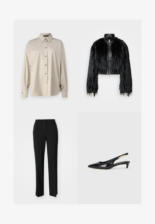 Black cropped jacket combining long faux fur sleeves with a black leather collar and front zipper, featuring a textured, shaggy finish.; DRYKORN LYSILA - Button-down blouse - brown; Black tailored trousers with a straight-leg design, featuring a smooth texture and crisp creases along the front. No visible hardware.; Black leather slingback heels with a pointed toe, featuring a slim heel and a gold-tone accent on the adjustable strap. Smooth texture.