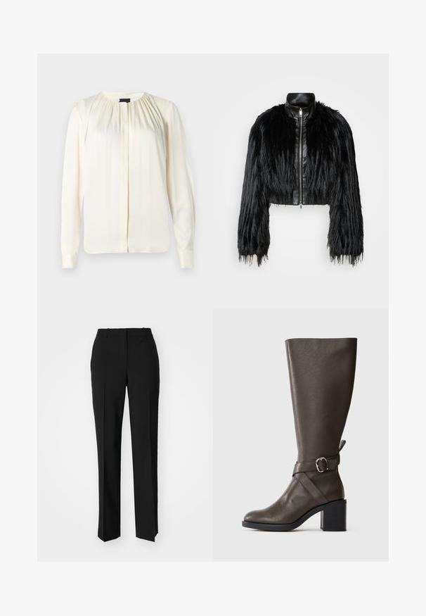 Sort cropped jakke med lange faux fur ærmer, en sort læderkrave og lynlås foran, med en tekstureret, shaggy finish.; Langærmet bluse i off-white silke. Har en rund halsudskæring, bløde plisseringer ved skuldrene og knaplukninger ved ærmerne. Glat tekstur og minimalistisk design.; Sorte skræddersyede bukser med lige ben-design, der har en glat tekstur og skarpe folder langs fronten. Ingen synlige hardware.; Mørkebrun knæhøj læderstøvle med en medium blokhæl og en dekorativ rem med sølvspænde rundt om anklen.
