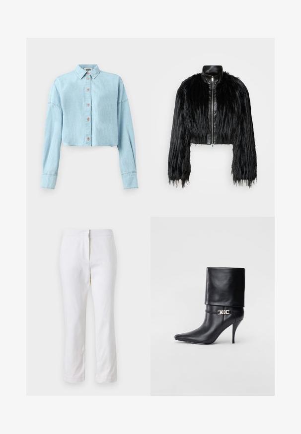Jachetă scurtă neagră, care combină mânecile lungi din blană sintetică cu un guler din piele neagră și fermoar frontal, având o finisare texturată, zbârcită.; Cămașă din denim scurt, de culoare albastru deschis, cu mâneci lungi, închidere cu nasturi și guler clasic. Prezintă detalii de cusătură și o textură moale.; Pantaloni din bumbac alb, cu un design drept, având talie medie și fără hardware sau modele vizibile. Textură uniformă pe întreaga suprafață.; Botine negre din piele, cu vârf ascuțit, toc înalt și subțire, cu manșetă pliată și un detaliu decorativ cu cataramă aurie la gleznă.