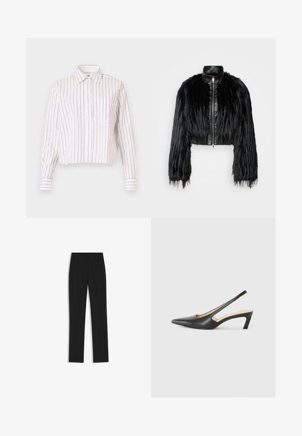 Giacca nera corta che combina maniche lunghe in pelliccia sintetica con un colletto in pelle nera e zip frontale, caratterizzata da una finitura testurizzata e shaggy.; Camicia button-up a righe bianche con sottili righe marroni. Presenta un colletto a punta, maniche lunghe e una tasca sul petto. Lunghezza cropped.; Pantaloni neri su misura con un design a gamba dritta, dotati di tasche frontali e un tessuto liscio e strutturato. Dettagli ordinati e minimalisti.; Scarpa slingback nera con punta affilata e tacco basso, realizzata in pelle liscia e con un design a taglio laterale per favorire la traspirabilità.