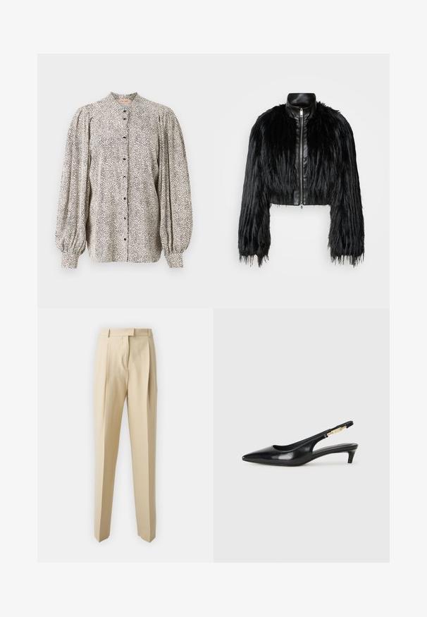 Črn skrajšan jopič, ki združuje dolge rokave iz umetnega krzna s črnim usnjenim ovratnikom in sprednjim zadrgo, z dokaj teksturiranim, kosmatim zaključkom.; Bluzica na dugme, lahka tkanina, bela s crnim pečatima, visoki ovratnik, napućene rukave, zatvorena crnim dugmadi.; Bež hlače s krojem ravne nogavice, ki imajo zadrgo, pas ter gladko teksturo. Brez vidnih žepov ali okrasnih elementov.; Črne usnjene sandale na peto z ostro konico, ki imajo tanko peto in zlat ton na nastavljivem traku. Gladka tekstura.