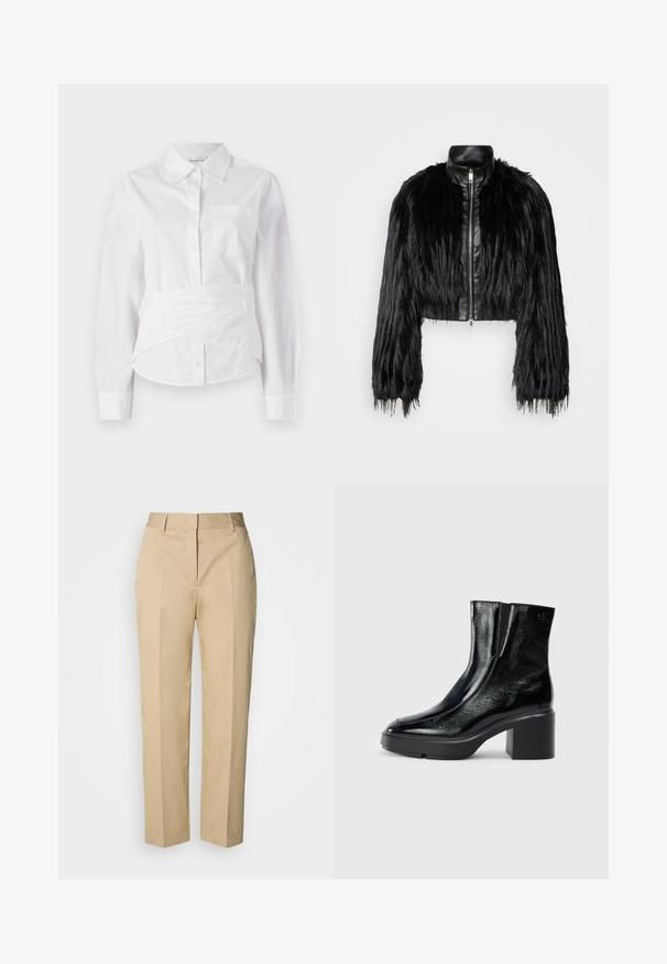 Giacca nera corta che combina maniche lunghe in pelliccia sintetica con un colletto in pelle nera e zip frontale, caratterizzata da una finitura testurizzata e shaggy.; Camicia bianca a maniche lunghe con colletto, bottoni frontali, piccola tasca sul petto e design avvolgente in vita. Tessuto di cotone liscio.; Pantaloni beige a gamba dritta con passanti per cintura, piega frontale e chiusura nascosta, esposti su uno sfondo chiaro.; Stivali alla caviglia in pelle verniciata nera con punta curva, pannelli laterali elasticizzati e tacco robusto. Presentano un logo impresso sul retro.