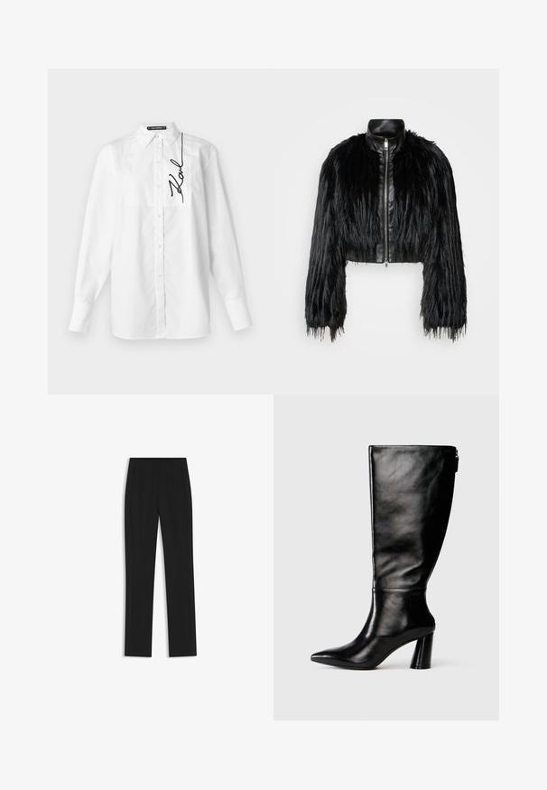 Black cropped jacket combining long faux fur sleeves with a black leather collar and front zipper, featuring a textured, shaggy finish.; White long-sleeve button-up shirt with a classic collar and black cursive "Karl" embroidery on the upper left chest.; Black tailored trousers with a straight-leg design, featuring front pockets and a smooth, textured fabric. Neat, minimal detailing.; Knee-high black leather boot with a pointed toe, smooth texture, and a chunky heel. Features a zipper detail at the back.