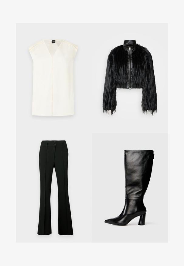Fekete crop dzseki, amely hosszú műszőrme ujjakkal, fekete bőr gallérral és elöl cipzárral kombinálva, texturált, bolyhos felülettel rendelkezik.; Krém színű V-nyakú felső, cap ujjakkal, sima anyagból készült. Középen varrott és finom varrási részletekkel rendelkezik a vállvarratok mentén.; Fekete, bővülő szárú nadrág, sima anyagból, magas derékkal, két gombbal és elöl hajtásokkal, amelyek szabott megjelenést kölcsönöznek.; Térd fölé érő fekete bőr csizma hegyes orral, sima felülettel és vastag sarkal. A hátsó részen cipzár részlet található.