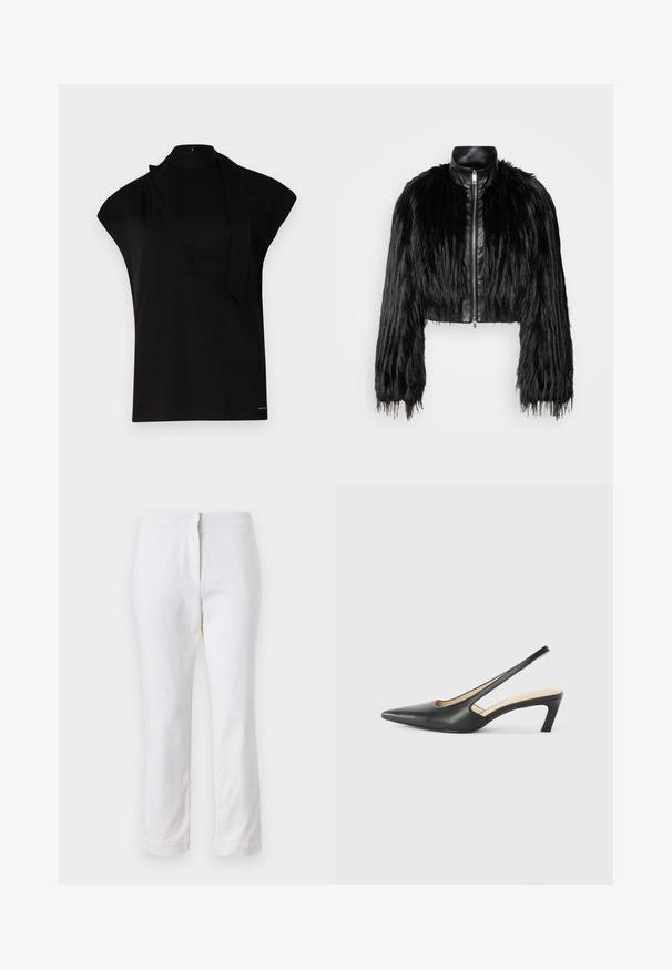 Schwarze, kurz geschnittene Jacke mit langen, gefälschten Pelzärmeln, einem schwarzen Lederkragen und einem Reißverschluss vorne, die eine strukturierte, fusselige Oberfläche hat.; Schwarzes, hochgeschlossenes Oberteil mit kurzen Ärmeln, das ein asymmetrisches Design und eine lange Halsschleife aufweist. Hergestellt aus glattem Stoff mit einem minimalistischen Look.; Weiße Baumwollhose mit geradem Bein, mittelhoher Taille und ohne sichtbare Beschläge oder Muster. Glatte Textur auf der gesamten Fläche.; Schwarzer spitz zulaufender Slingback-Schuh mit niedrigem Absatz, der aus glattem Leder gefertigt ist und seitliche Ausschnitte für Atmungsaktivität aufweist.