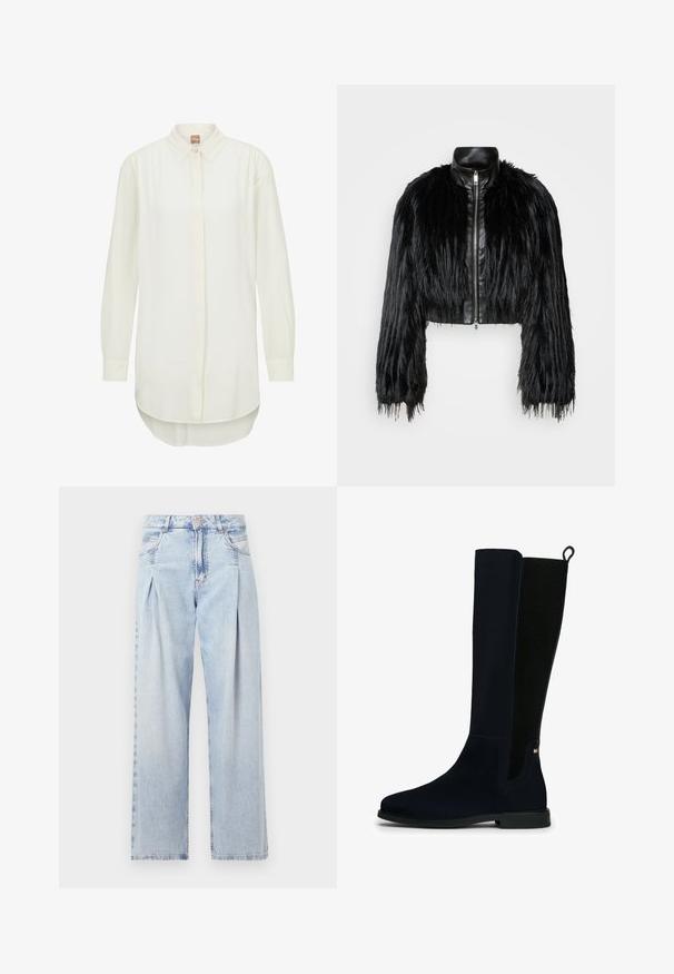 Veste noire courte associant de longues manches en fausse fourrure à un col en cuir noir et une fermeture éclair à l'avant, dotée d'une finition texturée et shaggy.; Chemise blanche à manches longues avec un col fermé, bouton devant et ourlet légèrement incurvé. Tissu lisse avec une coupe décontractée.; Jeans en denim bleu clair avec taille haute, coupe large, deux poches latérales et design plissé. Texture douce avec une finition décolorée.; Botte noire en suede haute avec un panneau arrière en élastique côtelé, une languette de tirage, un petit talon, et un petit logo rectangulaire près de la cheville sur un fond blanc.
