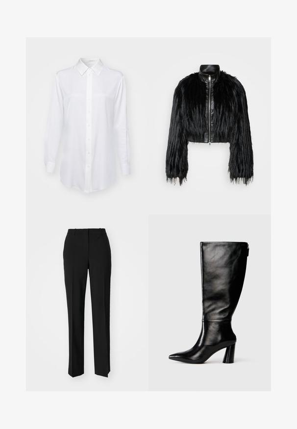 Chaqueta negra corta que combina mangas largas de piel sintética con un collar de cuero negro y cremallera frontal, con un acabado texturizado y despeinado.; BOSS Blusa - open white; Pantalones negros ajustados con un diseño de pierna recta, que presentan una textura suave y pliegues nítidos en el frente. Sin herrajes visibles.; Bota de cuero negro hasta la rodilla con punta afilada, textura suave y un tacón grueso. Presenta un detalle de cremallera en la parte de atrás.