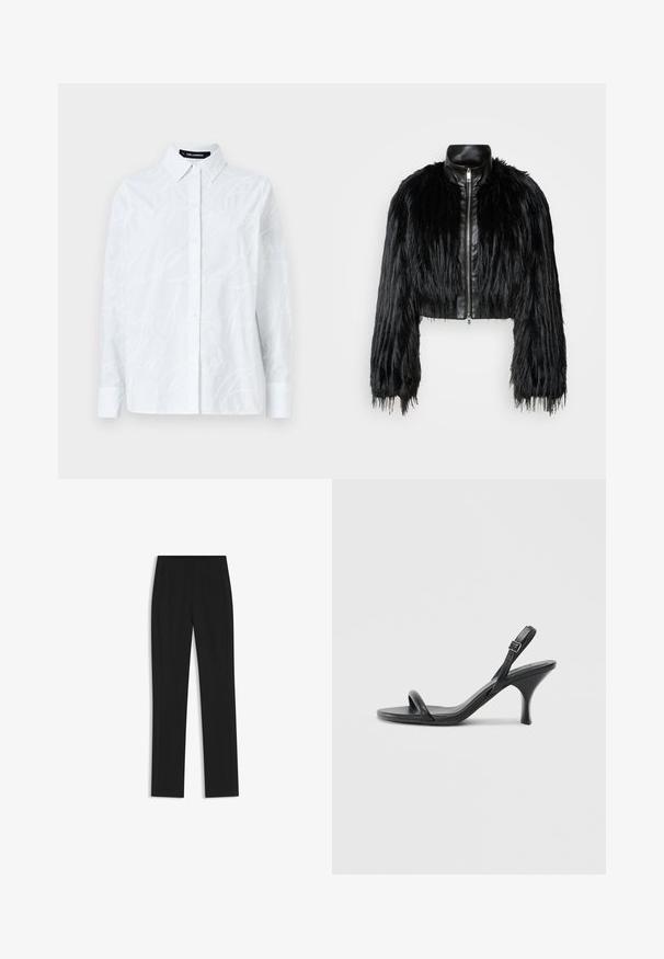 Black cropped jacket combining long faux fur sleeves with a black leather collar and front zipper, featuring a textured, shaggy finish.; White button-up shirt featuring a textured script pattern, classic collar, long sleeves, and a straight hem. Made from lightweight fabric.; Black tailored trousers with a straight-leg design, featuring front pockets and a smooth, textured fabric. Neat, minimal detailing.; Black leather high-heeled sandals with a slim, curved heel and a crossed strap design. Adjustable ankle strap. Smooth texture.