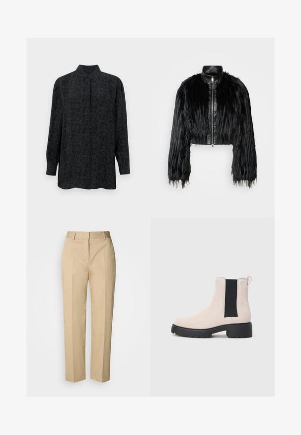 Sort cropped jakke med lange faux fur ærmer, en sort læderkrave og lynlås foran, med en tekstureret, shaggy finish.; Sort langærmet skjorte med krave, der har et blomstermønster i mørkegrå omrids. Fremstillet af glat stof med en afslappet pasform.; Beige bukser med lige ben, bæltestropper, forreste pres, og skjult lukning, vist mod en lys baggrund.; Beige ruskind Chelsea-støvle med sort elastisk sidepanel, chunky sort sål og hæftetap ved anklen.