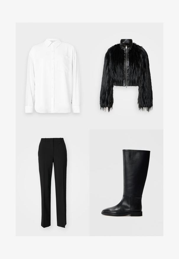 Juodas trumpas švarkas, derinantis ilgas dirbtinio kailio rankoves su juodu odiniu apykakle ir priekiniais užtrauktukais, turintis tekstūruotą, purų paviršių.; Balta ilgomis rankovėmis marškiniai iš lygios medžiagos, su klasikinio tipo apykakle, mygtukų uždarymu ir kairėje pusėje esančia krūtinės kišenė.; Juodi pritaikyti kelnių modeliai su tiesiomis kojomis, pasižyminčios lygiomis tekstūromis ir ryškiomis klostėmis priekyje. Nėra matomų detalių.; Juodos odinės kelio ilgio boot'ai su apvaliu pirštu, lygia tekstūra, minimalistiniu dizainu ir plokščiu padu. Paprasti siuvinėjimo detalės ant šonu.