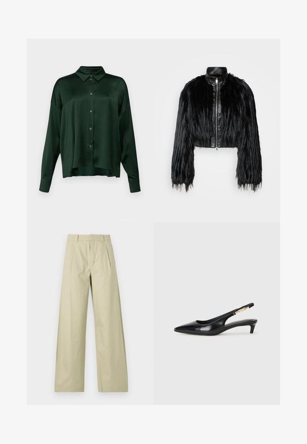 Jacket cropped preta que combina mangas longas de pelo sintético com um colarinho de pele sintética preto e fecho de correr frontal, apresentando um acabamento texturizado e desgrenhado.; DRYKORN CLOELIA - Blusa com botões - green; Calças de perna larga em algodão bege claro, com frente lisa e pregas, passantes para cinto e bainhas com punhos. Textura suave e design casual.; Saltos slingback em couro preto com bico fino, apresentando um salto esguio e um detalhe em tom dourado na alça ajustável. Textura suave.