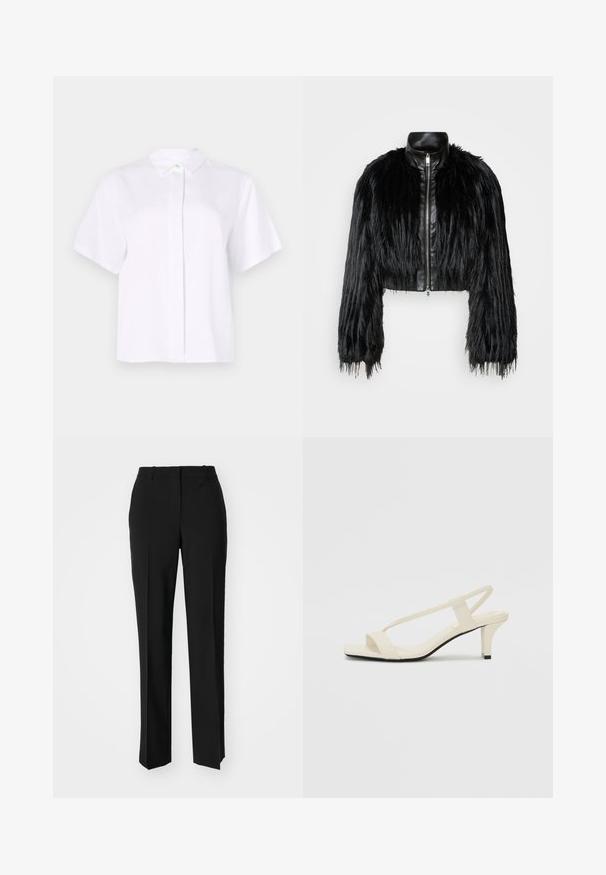 Giacca nera corta che combina maniche lunghe in pelliccia sintetica con un colletto in pelle nera e zip frontale, caratterizzata da una finitura testurizzata e shaggy.; Camicia bianca a maniche corte realizzata in tessuto liscio, con colletto a punta e una patta con bottoni, caratterizzata da un bottone verde a contrasto.; Pantaloni neri su misura con un design a gamba dritta, caratterizzati da una texture liscia e pieghe ben definite sul davanti. Senza hardware visibile.; Sandali con tacco a blocco beige, con sottili cinturini e punta quadrata. Materiale liscio con dettagli minimi, progettati per un facile utilizzo.