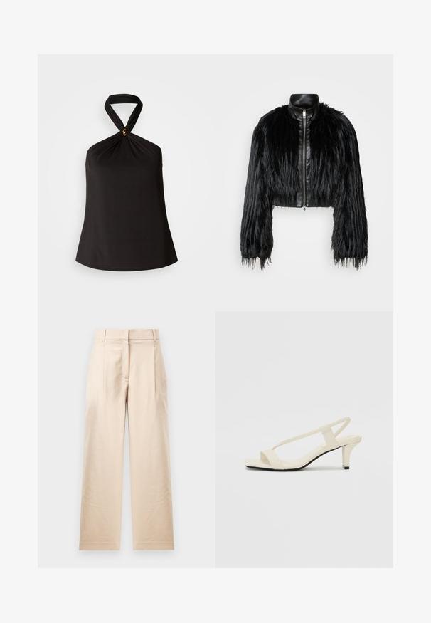 Fekete crop dzseki, amely hosszú műszőrme ujjakkal, fekete bőr gallérral és elöl cipzárral kombinálva, texturált, bolyhos felülettel rendelkezik.; Fekete pánt nélküli felső sima anyagból, csavarodott nyakdizájnnal és dekoratív arany kiegészítővel a középen. Egyszerű, lágy vonalvezetés.; Krémszínű nadrág sima anyagból. Közvetlen szabású, lapos elülső résszel és két redővel rendelkezik. Nincsenek látható minták vagy fémalkatrészek.; Beige színű, blokksarkú szandálok vékony pántokkal és négyzet alakú orral. Simább anyag, minimális részletezéssel, amely könnyű viselésre lett tervezve.