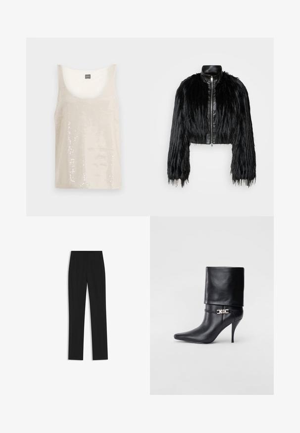Czarna krótka kurtka z długimi futrzanymi rękawami z sztucznego futra, z czarnym skórzanym kołnierzem i frontowym zamkiem błyskawicznym, charakteryzująca się teksturowanym, kudłatym wykończeniem.; Beżowy top na ramiączkach z okrągłym dekoltem, pokryty odblaskowymi cekinami. Gładka wewnętrzna podszewka dla komfortu, zaprojektowany do noszenia na co dzień.; Czarne spodnie o dopasowanym kroju z prostymi nogawkami, z przednimi kieszeniami i gładką, teksturowaną tkaniną. Schludne, minimalistyczne wykończenie.; Czarne skórzane botki za kostkę z ostrym noskiem, wysokim obcasem w kształcie stiletto, z załamanym mankietem oraz złotym dekoracyjnym zapięciem na kostce.