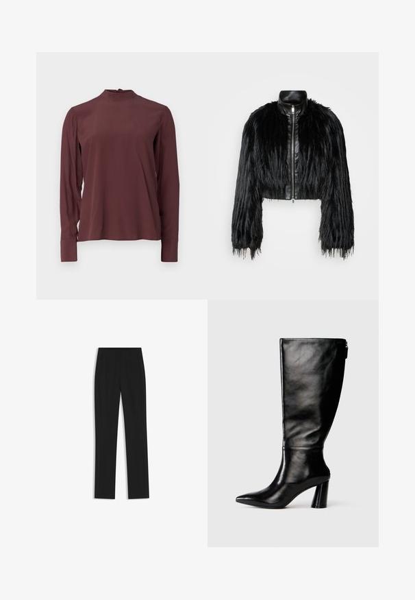 Giacca nera corta che combina maniche lunghe in pelliccia sintetica con un colletto in pelle nera e zip frontale, caratterizzata da una finitura testurizzata e shaggy.; Blusa bordeaux a maniche lunghe con colletto alto, leggero lucido e chiusura con bottoni sul retro. Tessuto liscio e maniche aderenti.; Pantaloni neri su misura con un design a gamba dritta, dotati di tasche frontali e un tessuto liscio e strutturato. Dettagli ordinati e minimalisti.; Stivale in pelle nera, alto fino al ginocchio, con punta affusolata, superficie liscia e tacco spesso. Presenta un dettaglio con zip sul retro.