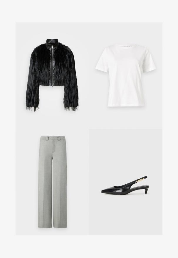 Black cropped jacket combining long faux fur sleeves with a black leather collar and front zipper, featuring a textured, shaggy finish.; White cotton t-shirt with short sleeves, round neckline, and a relaxed fit. Smooth texture, no patterns or accents, minimalistic design.; Gray wide-leg trousers in a lightweight fabric, featuring a flat front, belt loops, and clean, tailored lines with no visible patterns.; Black leather slingback heels with a pointed toe, featuring a slim heel and a gold-tone accent on the adjustable strap. Smooth texture.