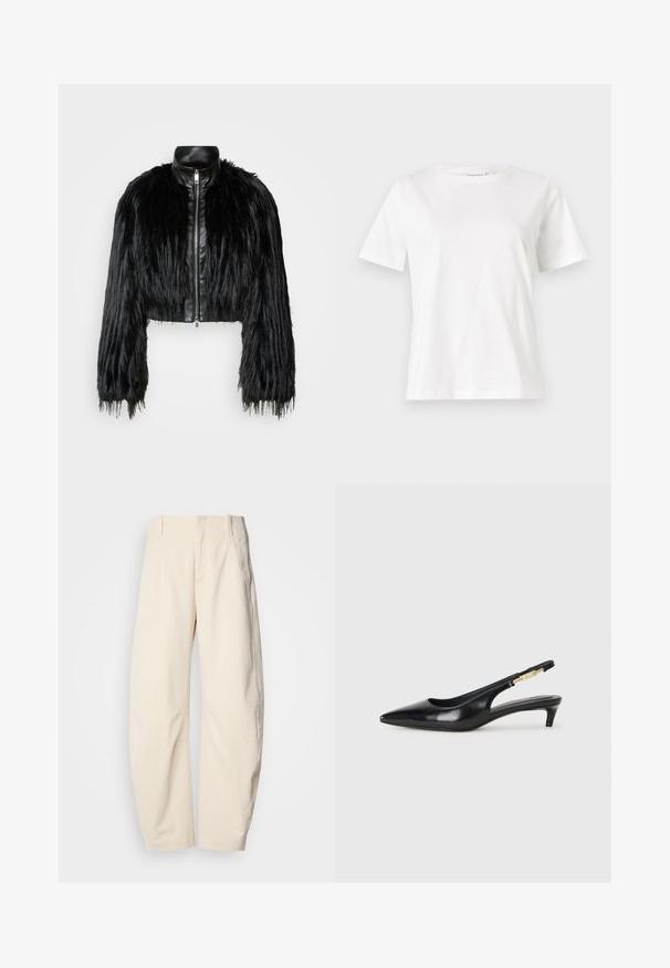 Zwart kort jasje met lange faux fur mouwen en een zwarte leren kraag en ritssluiting aan de voorkant, met een gestructureerde, harige afwerking.; Witte katoenen t-shirt met korte mouwen, ronde halslijn en een ontspannen pasvorm. Gladde textuur, geen patronen of accenten, minimalistisch ontwerp.; Crème-kleurige broeken gemaakt van een gestructureerd materiaal, met een hoge taille, rechte pijpen en zijzakken.; Zwarte leren slingback hakken met een spitse neus, voorzien van een slanke hak en een goudkleurige accent op de verstelbare band. Gladde textuur.