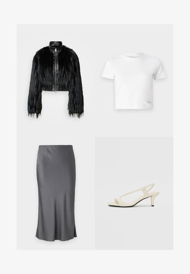 Čierna skrátená bunda kombinujúca dlhé rukávy z umelého kožušiny s čiernym koženým golierom a predným zipsom, so štruktúrovaným, strapcovitým povrchom.; Biely croptop vyrobený z hladkej bavlny, s vysokým výstrihom a krátkymi rukávmi. Malé vyšívané logo v dolnom rohu.; Sivá saténová midi sukňa s hladkou textúrou, priamym strihom, jemným bočným rozparkom a elastickým pásom.; Béžové sandále na blokovom podpätku s tenkými pásikmi a štvorcovou špičkou. Hladký materiál s minimálnym detailovaním, navrhnuté pre ľahké nosenie.