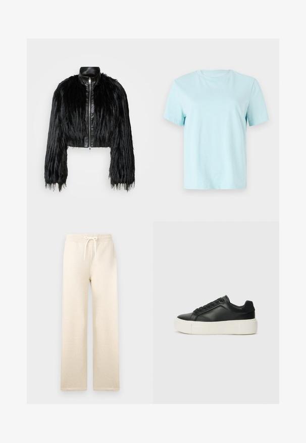 Chaqueta negra corta que combina mangas largas de piel sintética con un collar de cuero negro y cremallera frontal, con un acabado texturizado y despeinado.; Camiseta de algodón azul claro con mangas cortas, cuello redondo y sutil logo bordado de 'Calvin Klein' en la parte delantera.; Pantalones de chándal de color crema, fabricados en una tela suave, con una cinturilla elástica y cordón de ajuste, pernera ancha y sin patrones visibles.; Zapatilla de cuero negro con punta redondeada, suela de plataforma blanca y cordones negros. Presenta un sutil logo en el talón y una textura suave.