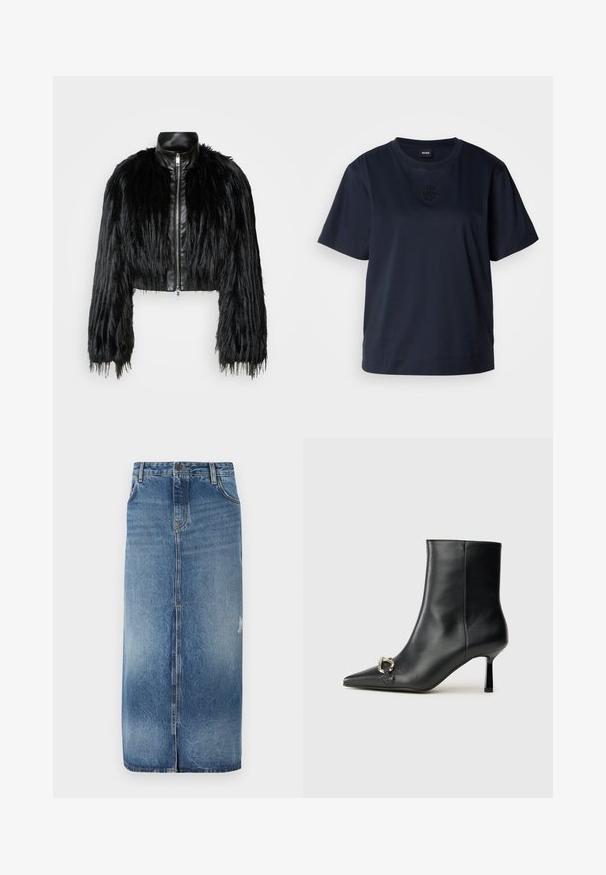 Fekete crop dzseki, amely hosszú műszőrme ujjakkal, fekete bőr gallérral és elöl cipzárral kombinálva, texturált, bolyhos felülettel rendelkezik.; Sötétkék, rövid ujjú póló, puha pamutból készült. Kerek nyakkivágással és egy diszkrét hímzett logóval rendelkezik a mellrészen.; Denim midi szoknya világos kékből sötét kékbe fokozatosan áttűnő színnel, elöl rejtett záródással és finom kopott részletekkel az alsó szélén. Nyers szél a fenéken.; Fekete bőr bokacsizma hegyes orral, vékony közép magasságú sarokkal és ezüst csattal az oldalon, sima háttér előtt.