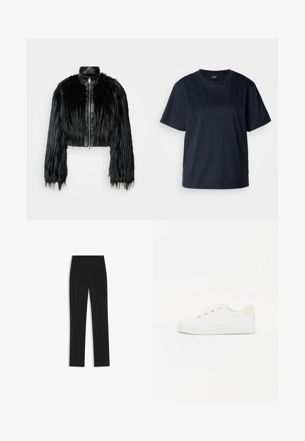 Black cropped jacket combining long faux fur sleeves with a black leather collar and front zipper, featuring a textured, shaggy finish.; Navy blue short-sleeve t-shirt made of soft cotton. Features a rounded neckline and a subtle embroidered logo on the chest.; Black tailored trousers with a straight-leg design, featuring front pockets and a smooth, textured fabric. Neat, minimal detailing.; White sneaker with a canvas upper, round toe, and flat rubber sole. Features gold eyelets and a light beige heel accent.