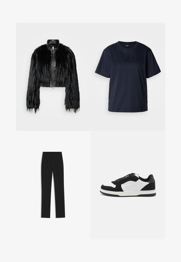 Veste noire courte associant de longues manches en fausse fourrure à un col en cuir noir et une fermeture éclair à l'avant, dotée d'une finition texturée et shaggy.; T-shirt bleu marine à manches courtes en coton doux. Il présente un col rond et un logo brodé subtil sur la poitrine.; Pantalon noir ajusté avec une coupe droite, doté de poches avant et d'un tissu lisse et texturé. Détails soignés et minimalistes.; Baskets noir et blanc avec un dessus en daim texturé, des accents en cuir lisse, un bout rond et une semelle en caoutchouc avec un design de bande de roulement.