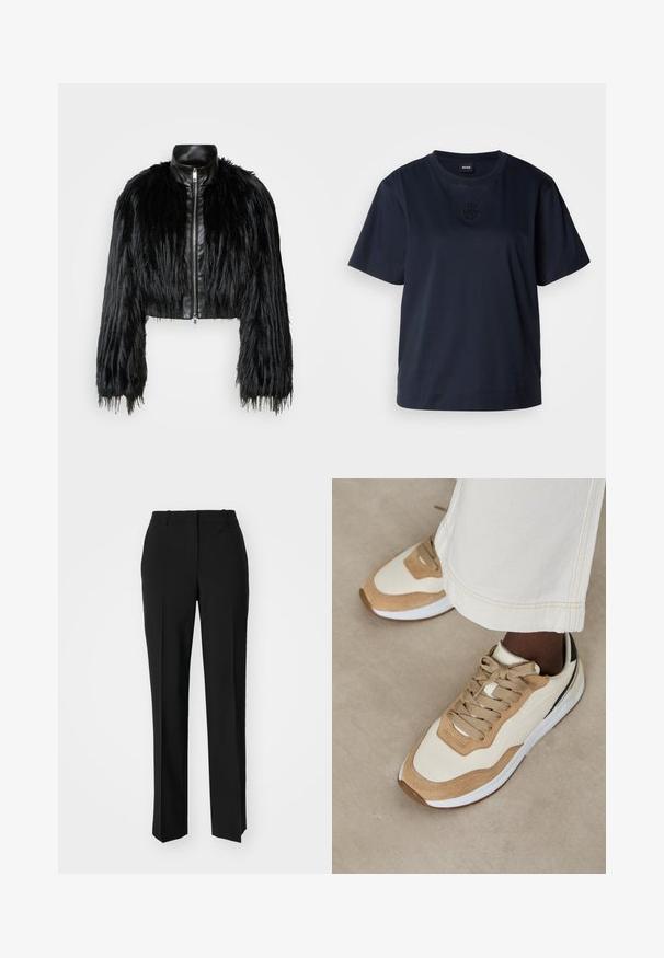 Čierna skrátená bunda kombinujúca dlhé rukávy z umelého kožušiny s čiernym koženým golierom a predným zipsom, so štruktúrovaným, strapcovitým povrchom.; Námornícky modré tričko s krátkym rukávom vyrobené z mäkkej bavlny. Obsahuje zaoblený výstrih a jemne vyšité logo na hrudi.; Čierne krajčírské nohavice so strihom rovného nohu, s hladkou textúrou a ostrými skladmi pozdĺž prednej časti. Žiadne viditeľné hardvér.; Béžové a svetlohnedé tenisky s hladkým zvrškom, textúrovanými semišovými akcentmi, plochými šnúrkami a bielou gumovou podrážkou.