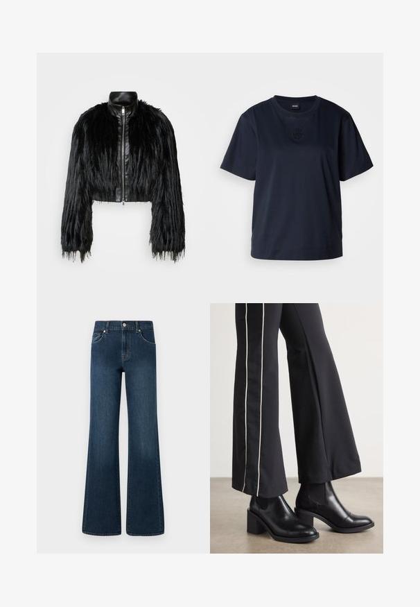 Crna skraćena jakna koja kombinira dugačke rukave od umjetnog krzna s crnim kožnim ovratnikom i prednjim zatvaračem, s teksturiranim, šaggy završetkom.; Tamno plava majica s kratkim rukavima od mekanog pamuka. Ima okrugli izrez i suptilan izvezeni logo na prsima.; Široke traperice od tamnoplavog denima, s kopčanjem na dugme, pet džepova i blagim izbljeđivanjem za dodatnu detaljnost.; Crne kožne gležnjače s blok petom, s elastičnim bočnim panelima. Uparene s crnim hlačama koje imaju bijelu bočnu prugu.