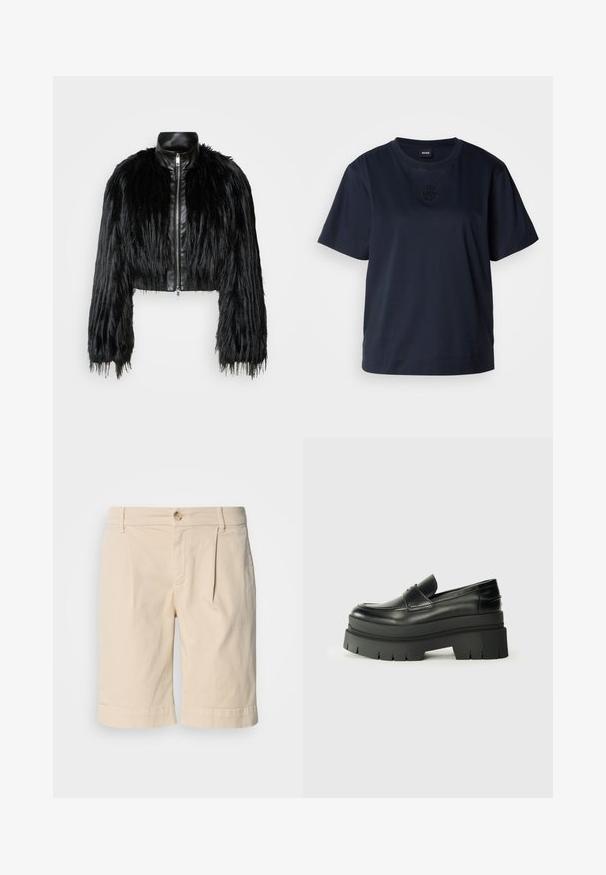 Črn skrajšan jopič, ki združuje dolge rokave iz umetnega krzna s črnim usnjenim ovratnikom in sprednjim zadrgo, z dokaj teksturiranim, kosmatim zaključkom.; Temno modra kratka majica s kratkimi rokavi, izdelana iz mehke bombažne tkanine. Ima okroglo ovratnico in subtilno vezeno logo na prsih.; Bež bombažne kratke hlače s ravnim krojem, zloženi rob in zapiranje na en gumb. Oblikovane s sprednjimi naborki in stranskimi žepi.; Črne usnjene loafer čevlje s debelim platformastim podplatom. Okrogla oblika, detajl na sprednji šivi in subtilni šivi. Raven, teksturiran podplat.