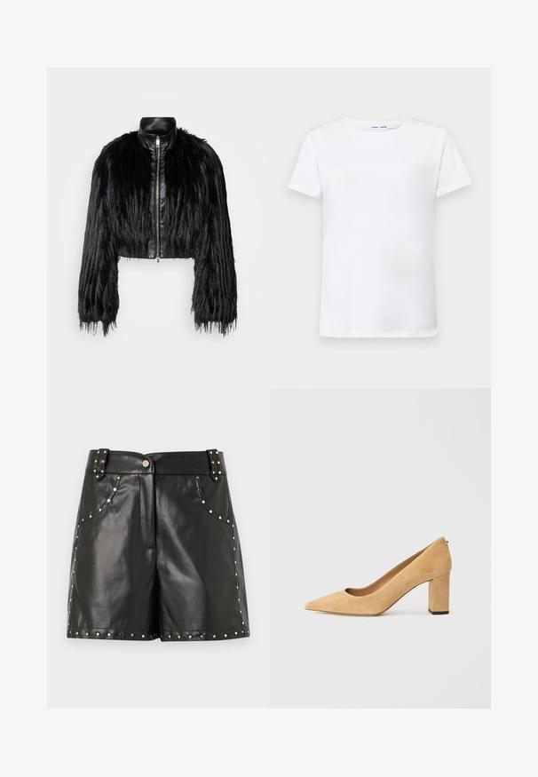 Juodas trumpas švarkas, derinantis ilgas dirbtinio kailio rankoves su juodu odiniu apykakle ir priekiniais užtrauktukais, turintis tekstūruotą, purų paviršių.; Balta trumpa medvilninė marškinėlių su apvalia iškirpte. Lygus paviršius ir tiesus kirpimas, be raštų ar akcentų.; Juodi odiniai šortai su sidabro spalvos studelėmis aplink kišenes ir apatinį kraštą, su glotnia tekstūra ir pritaikytu siluetu. Diržo detalė su sagtimi.; Bežiniai zomšiniai aukštakulniai bateliai su smaigaliu ir masyviu blokiniu kulnu. Medžiaga turi švelnų tekstūrą ir lygią apdailą.