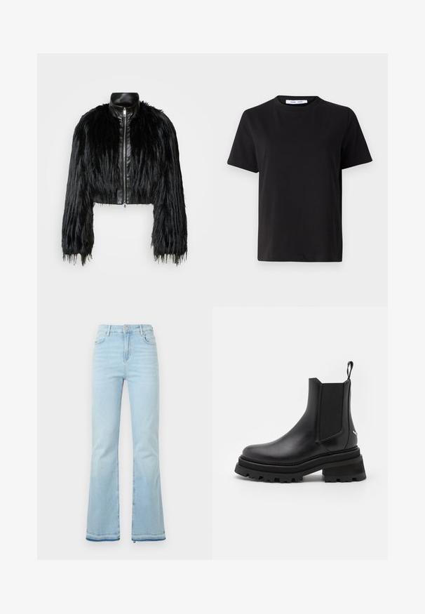 Must ikka, millel on pikad kunstkarvast varrukad, musta nahkdetailiga kaeluse ja ees oleva tõmblukuga, koos struktuurse, karvase viimistlusega.; Must have lühikeste varrukatega t-särk, mis on valmistatud pehmest puuvillast, ümmarguse kaelusega, lõdva sobivusega ja sileda tekstuuriga. Ei ole nähtavaid mustreid ega graafikat.; Heledad helesinised teksad, mis on valmistatud denimist, kõrge vöökohaga, esikottidega ning toore äärtega sääreosas, et luua lõdvestunud välimus.; Musthave musta nahast Chelsea saapad elastsete külgpaneelidega, ümmarguse nina, jäme kummitald ja tõmbevahe heel'il. Strukturiseeritud ja siledad pinnad.