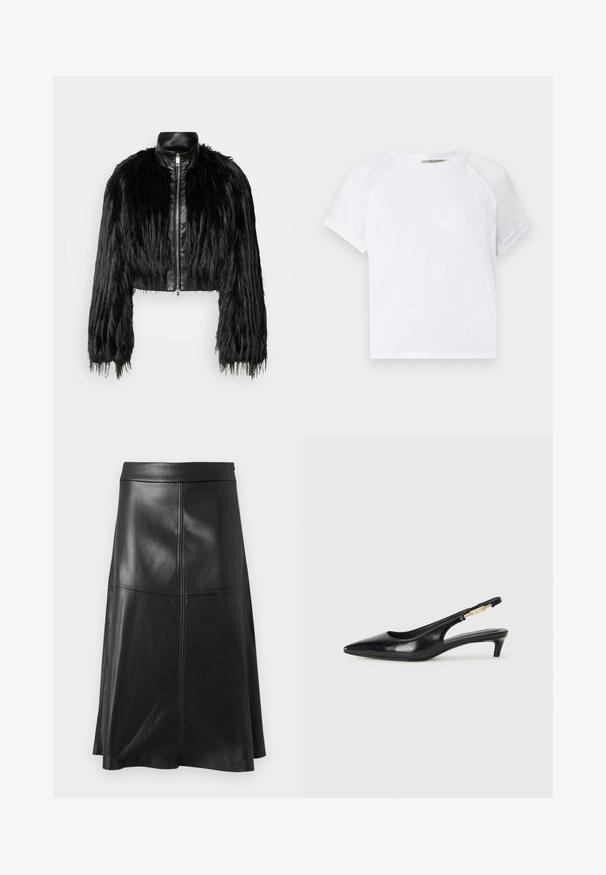 Veste noire courte associant de longues manches en fausse fourrure à un col en cuir noir et une fermeture éclair à l'avant, dotée d'une finition texturée et shaggy.; T-shirt en coton blanc avec un col rond, des manches raglan courtes et une coupe décontractée. Texture lisse sans motifs ni accents visibles.; Jupe noire en cuir en forme d'A, avec une texture lisse, présentant des détails de couture verticale et une ceinture. L'ourlet tombe juste en dessous du genou.; Talons hauts en cuir noir avec un bout pointu, dotés d'un talon fin et d'un accent en ton or sur la lanière réglable. Texture lisse.