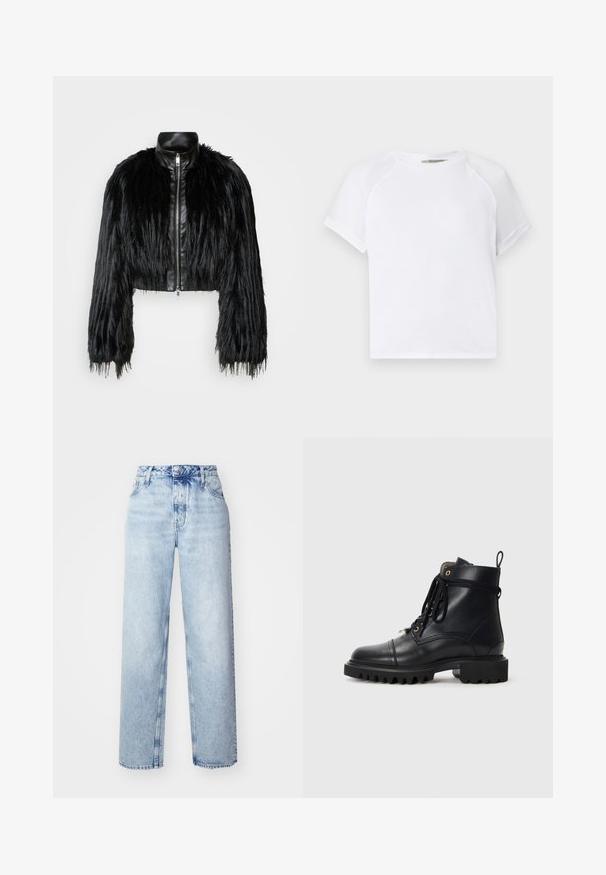 Juodas trumpas švarkas, derinantis ilgas dirbtinio kailio rankoves su juodu odiniu apykakle ir priekiniais užtrauktukais, turintis tekstūruotą, purų paviršių.; Balta medvilninė marškinėliai su apvaliu kaklu, trumpomis raglaninėmis rankovėmis ir laisvu siluetu. Lygus audinys be matomų raštų ar akcentų.; Šviesiai mėlyni aukšto juosmens džinsai, laisvo kirpimo, su tiesiomis kojomis, penkiais kišenėmis ir klasikiniais mygtuko bei užtrauktuko uždarymu.; Juodos odinės kulkšninių botų su apvalia nosimi, tvirta guminė padas, raišteliai ir kilpos; turi auksinius aklūnus ir siuvimo detales.