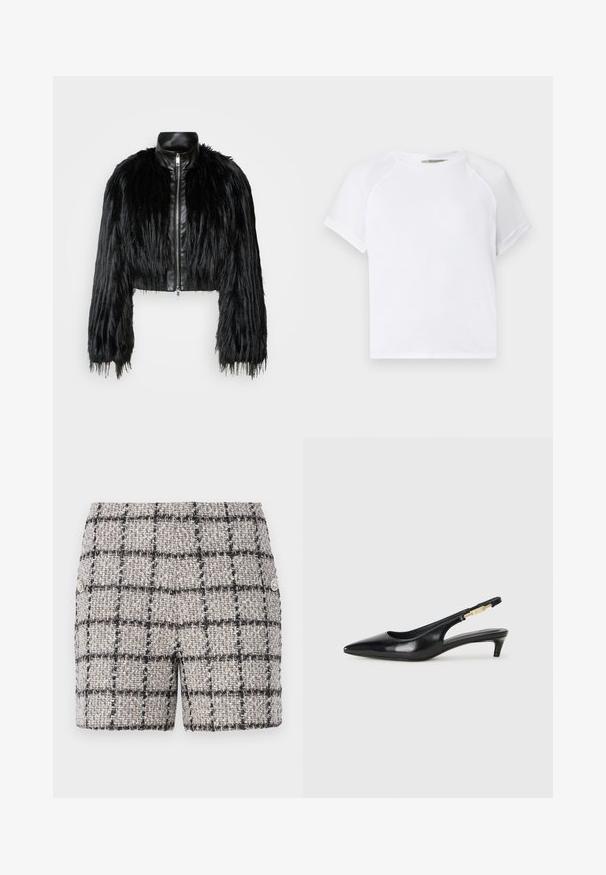 Melnā īsā jaka ar garām mākslīgā kažoka piedurknēm, melnu ādas apkakli un priekšējo rāvējslēdzēju, ar teksturētu, pūkainu apdari.; Balta kokvilnas T-krekls ar apaļu kakla izgriezumu, īsām raglanu piedurknēm un brīvu piegriezumu. Gluda tekstūra bez redzamām detaļām vai akcentiem.; Tvidas šorti neitrālā krāsā ar melnbaltu rūtiņu rakstu. Priekšpusē ir dekoratīvas pogas. Tekstūrēta auduma.; Melnas ādas slingback zābaki ar smailu purngalu, ar šauru papēdi un zelta krāsas akcentu uz regulējama siksniņas. Gluda tekstūra.